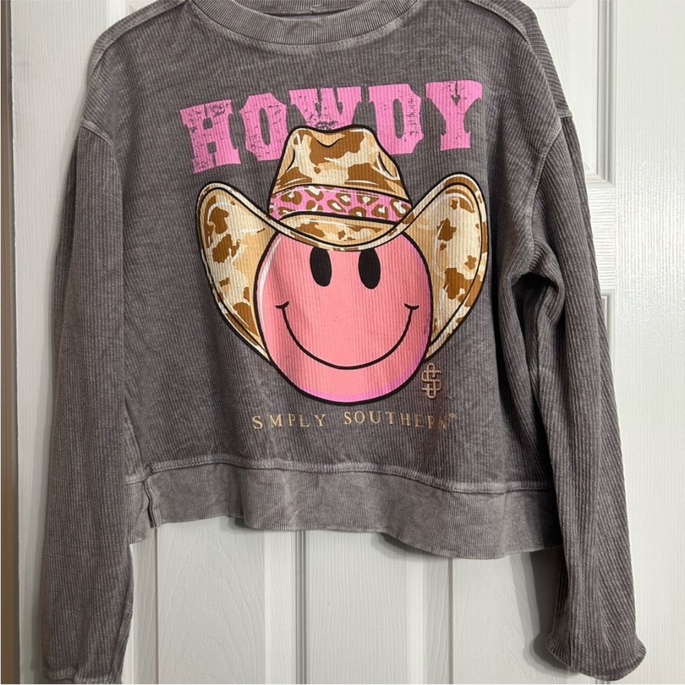 Simply Southern Gray Sweatshirt with Pink Howdy and Cowboy Hat